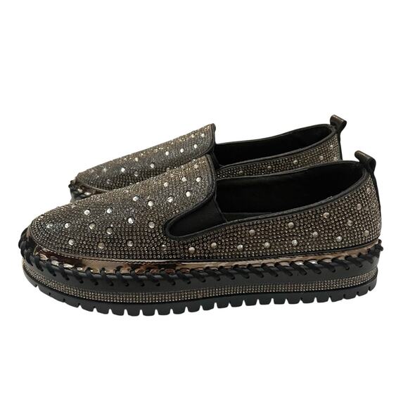 NEW Azalea Wang Brittany Rhinestone Bling Loafers Slip Ons Black Platform Flat - Picture 1 of 7